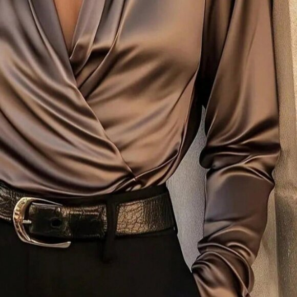 Coffee Brown Elegant Women's Satin Criss-Cross Long Sleeve Blouse - Picture 4 of 5